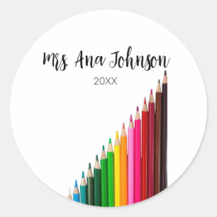 Back to school colour pencils add name class year classic round sticker
