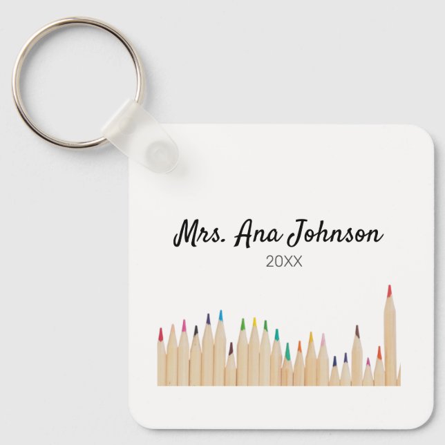 Back to school colour pencils add name class year key ring (Front)