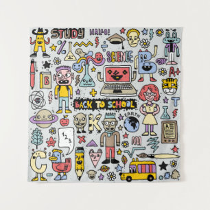 Back to school colourful doodle set. Vintage illus Tapestry