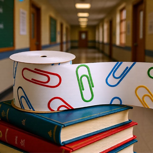 Back to school colourful paper clips satin ribbon (Colorful Paperclip Pattern Back-to-School Gift Satin Ribbon)