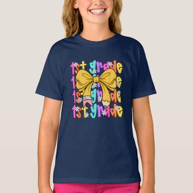 Back to School Coquette Bow 1st First Grade T-Shirt (Front)