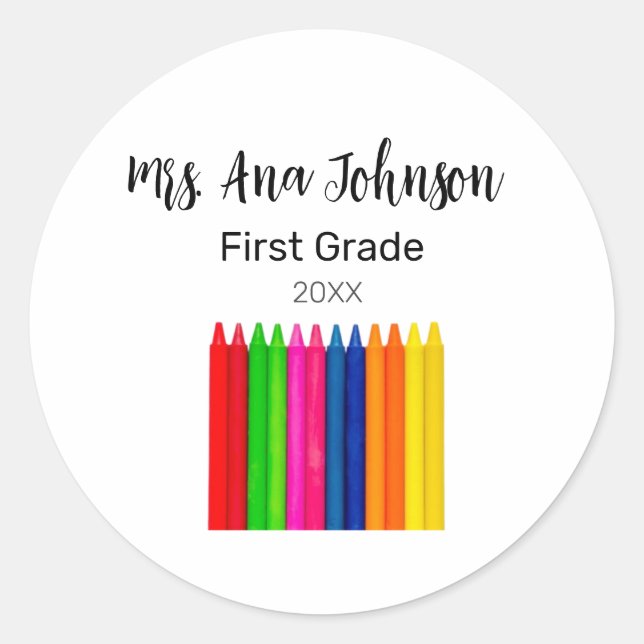 Back to school crayons add name grade class year classic round sticker (Front)