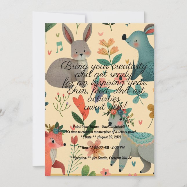 back to school cut animal doodle art  invitation (Front)