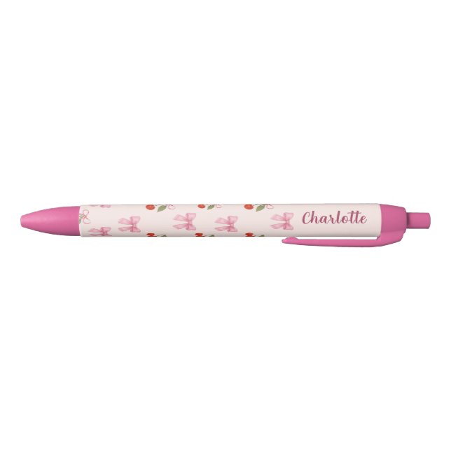 Back to School Cute Pink Coquette Bow Cherry  Black Ink Pen (Bottom)