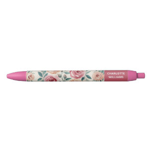 Back to School Cute Watercolor Pattern Pink Floral Black Ink Pen