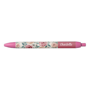 Back to School Cute Watercolor Pattern Pink Floral Black Ink Pen