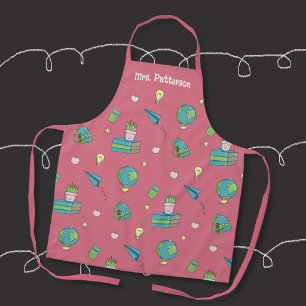 Back-to-School Doodle Pattern Teacher Pink Apron