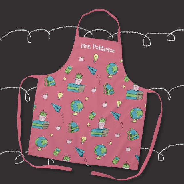 Back-to-School Doodle Pattern Teacher Pink Apron (Cute personalized teacher apron with a doodle pattern . 
)