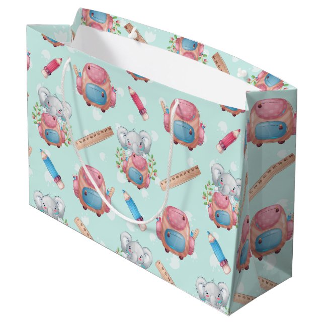 Back to School Elephant Pattern Large Gift Bag (Back Angled)