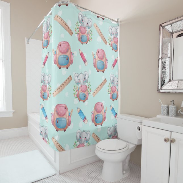 Back to School Elephant Pattern Shower Curtain (In Situ)
