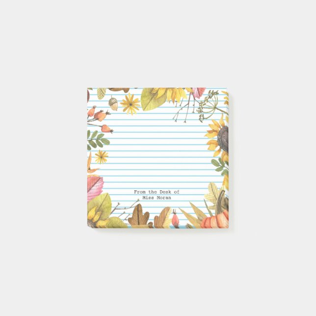 Back to School Fall Sunflowers Monogram Teacher Post-it Notes (Front)