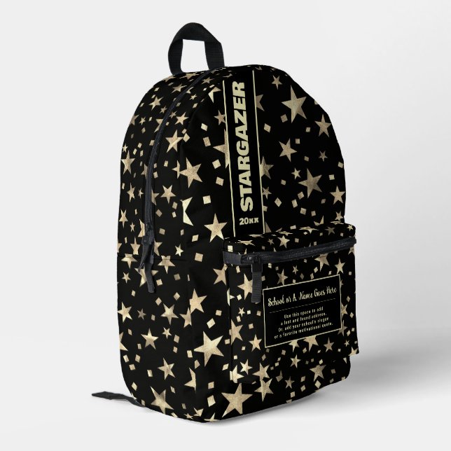 Back To School Faux Holographic Gold Stars Black Printed Backpack (Back Corner Left)