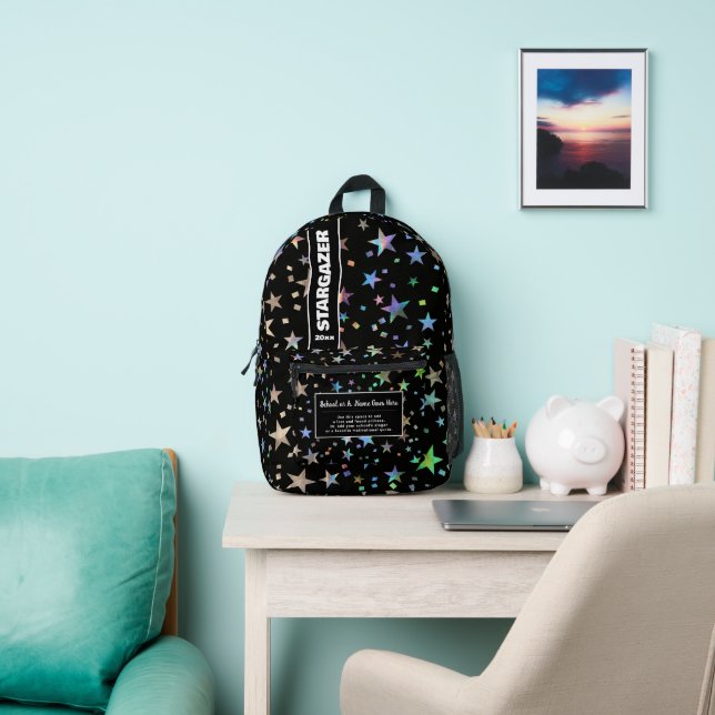 Back To School Faux Holographic Rainbow Star Black Printed Backpack (Insitu)