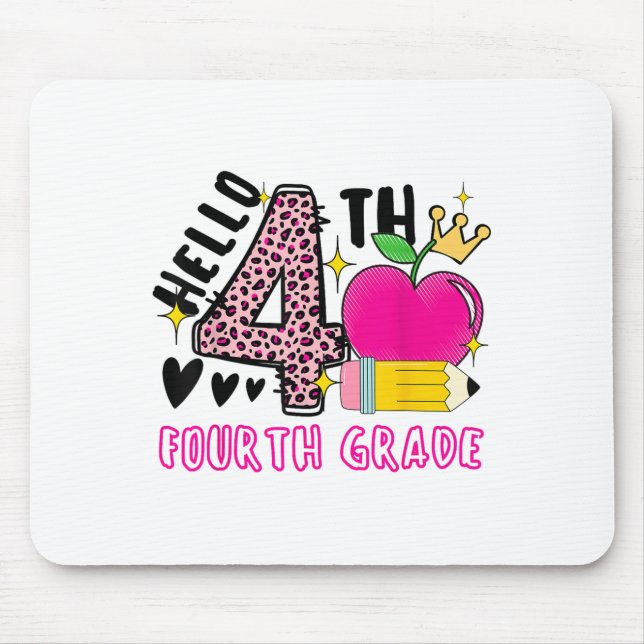 Back To School First Day Hello 4th Grade Leopard F Mouse Mat (Front)