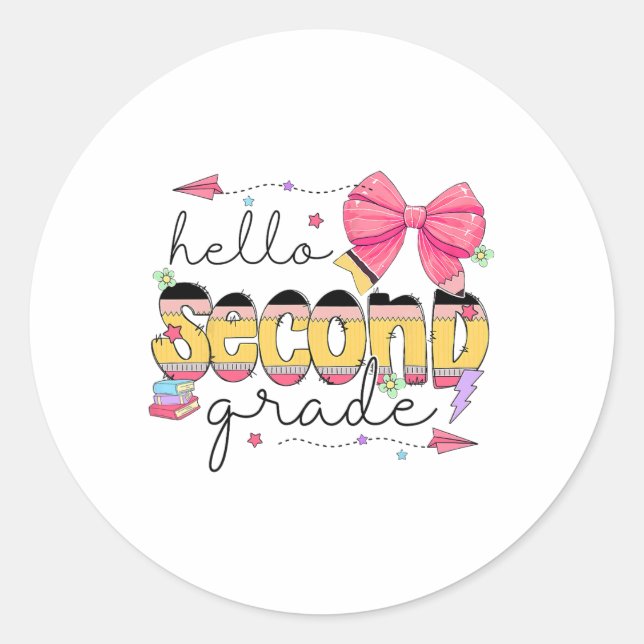 Back To School Hello Second Grade Teacher Coquette Classic Round Sticker (Front)