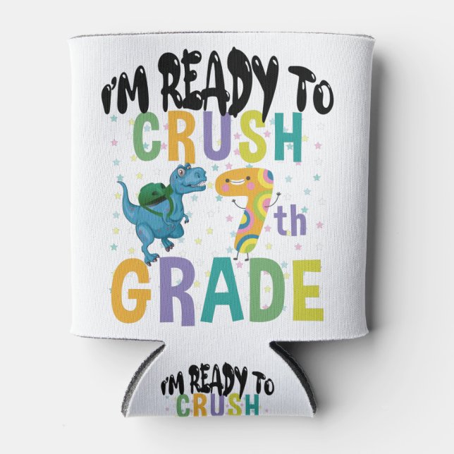Back To School I'm Ready To Crush 7th Grade Dino Can Cooler (Front)