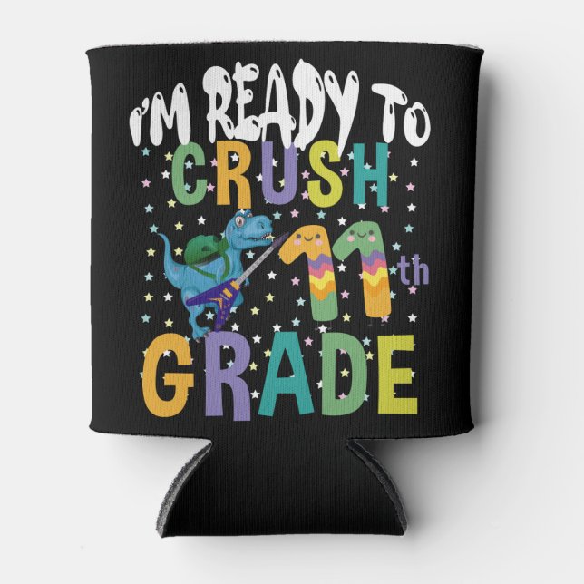 Back To School I'm Ready To Rock 11th Grade Dino Can Cooler (Front)