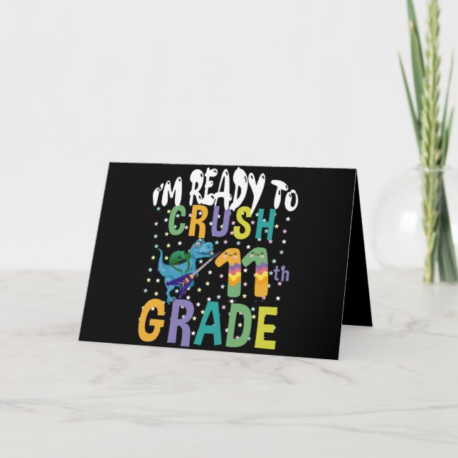 Back To School I'm Ready To Rock 11th Grade Dino Thank You Card (Front)