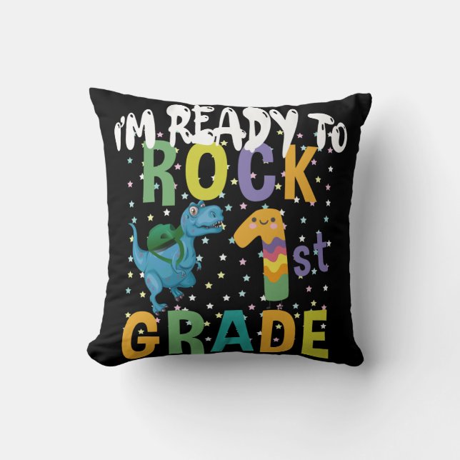 Back To School I'm Ready To Rock 1st Grade Dino Cushion (Front)