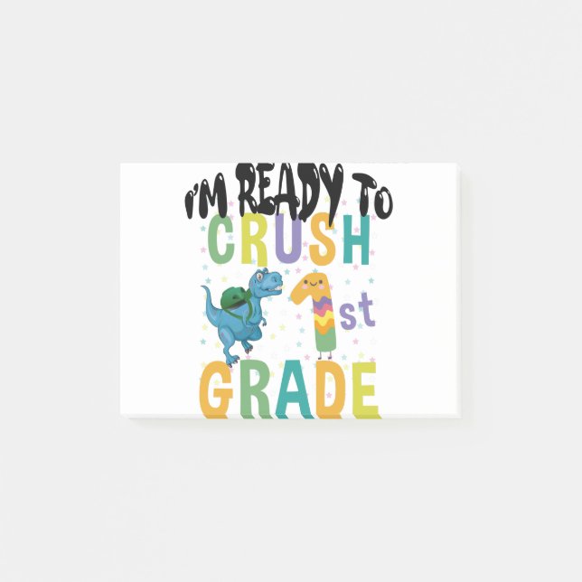 Back To School I'm Ready To Rock 1st Grade Dino Post-it Notes (Front)