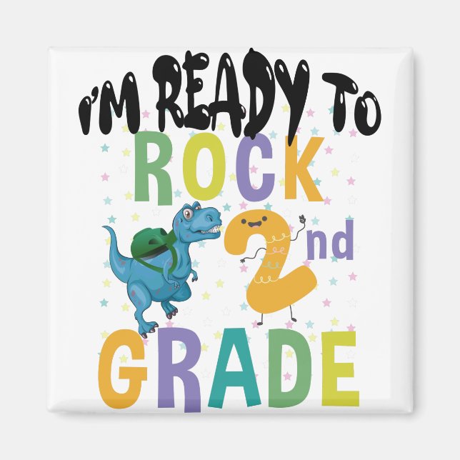 Back To School I'm Ready To Rock 2nd Grade Dino Magnet (Front)