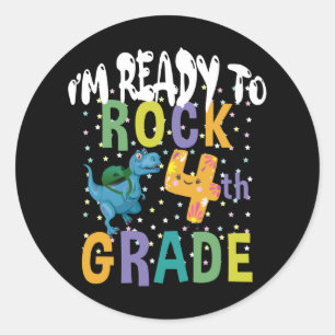 Back To School I'm Ready To Rock 4th Grade Dino Classic Round Sticker