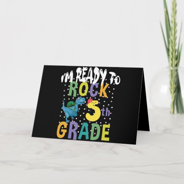 Back To School I'm Ready To Rock 5th Grade Dino Thank You Card (Front)