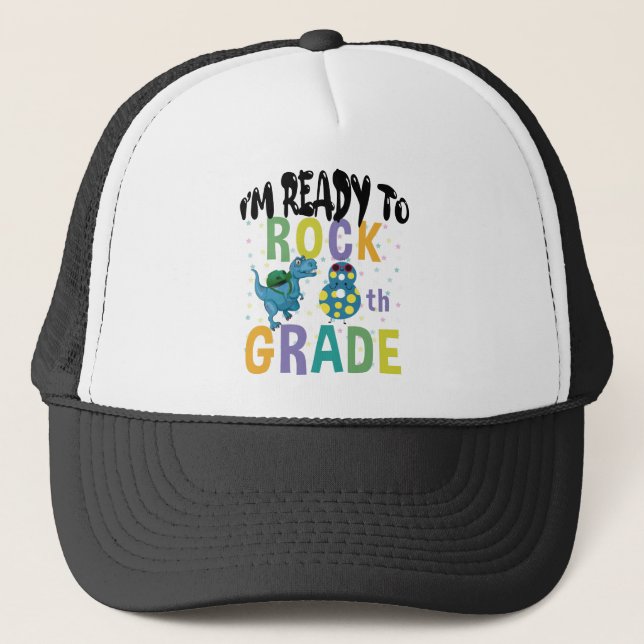 Back To School I'm Ready To Rock 8th Grade Dino Trucker Hat (Front)
