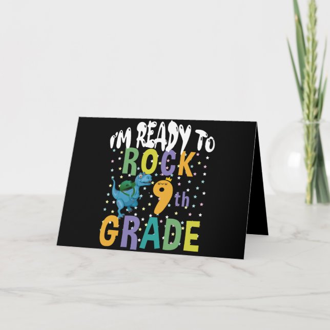 Back To School I'm Ready To Rock 9th Grade Dino Thank You Card (Front)