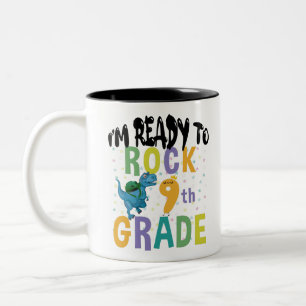 Back To School I'm Ready To Rock 9th Grade Dino Two-Tone Coffee Mug