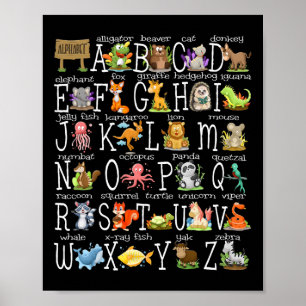 Back To School Kids Cute Animals A-z Alphabet Abcs Poster