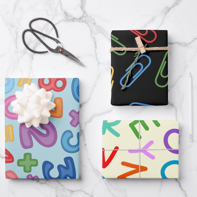 Back to school letters and  numbers set of 3  wrapping paper sheet (Front)