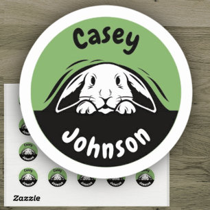 Back to school name label, cute peeking bunny classic round sticker