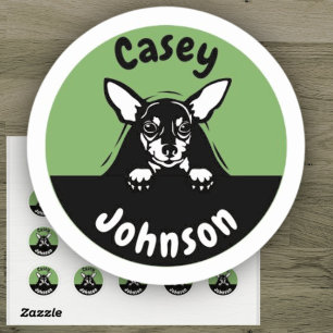 Back to school name label, cute peeking dog  classic round sticker