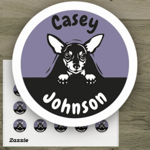 Back to school name label, cute peeking dog  classic round sticker