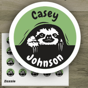 Back to school name label, cute peeking sloth  classic round sticker