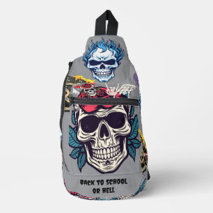 Back to school or hell Big skull floral Grey Sling Bag