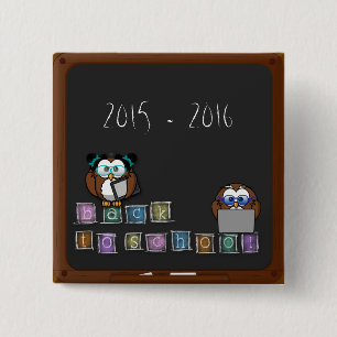 back to school owl 15 cm square badge