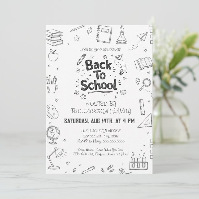 Back To School Party Hand Drawn Invitation (Standing Front)