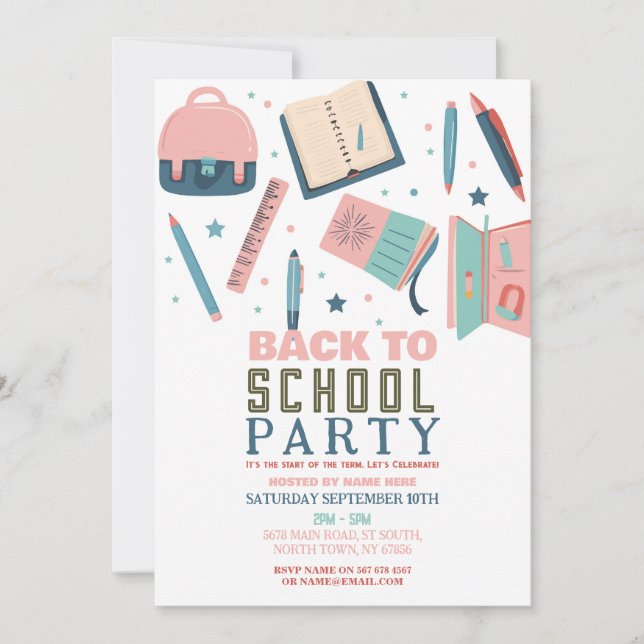 Back To School Party Stationary Fun Pink Invitation (Front)