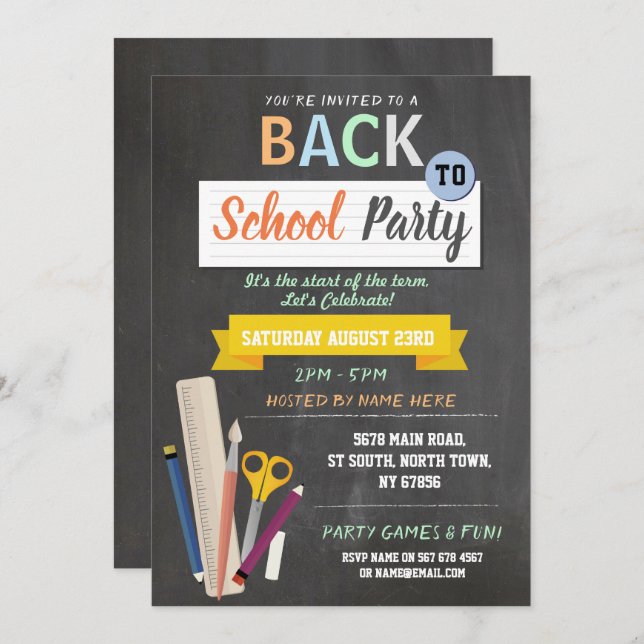 Back To School Party Teacher Chalkboard Fun Invite (Front/Back)