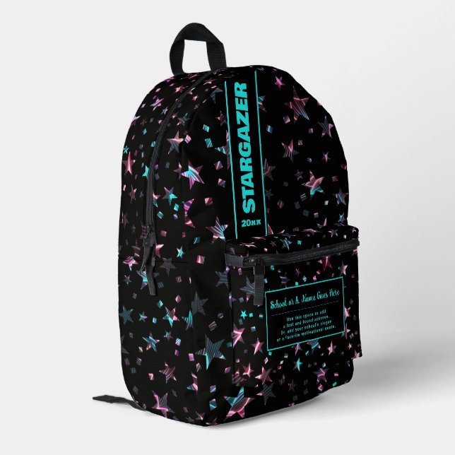 Back To School Pink Blue Neon Rave Starry Night Printed Backpack (Back Corner Left)