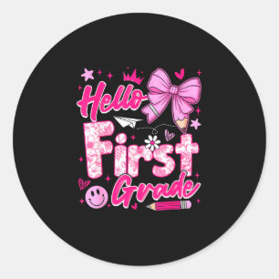 Back to school pink hello first grade coquette bow classic round sticker