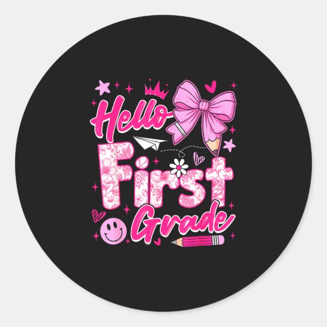 Back to school pink hello first grade coquette bow classic round sticker (Front)