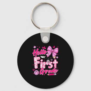 Back to school pink hello first grade coquette bow key ring