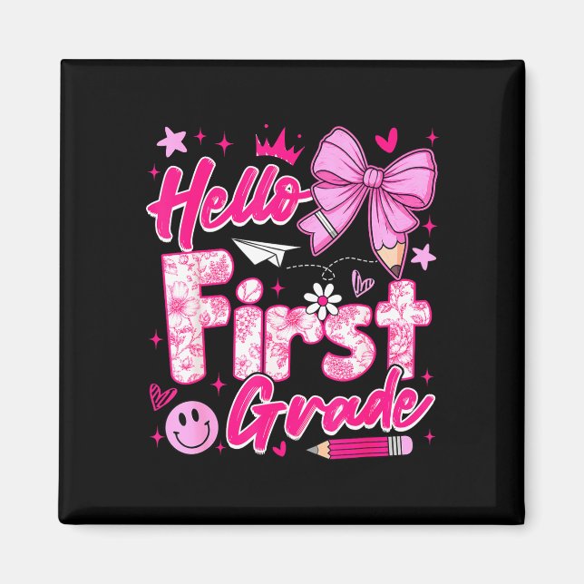 Back to school pink hello first grade coquette bow magnet (Front)