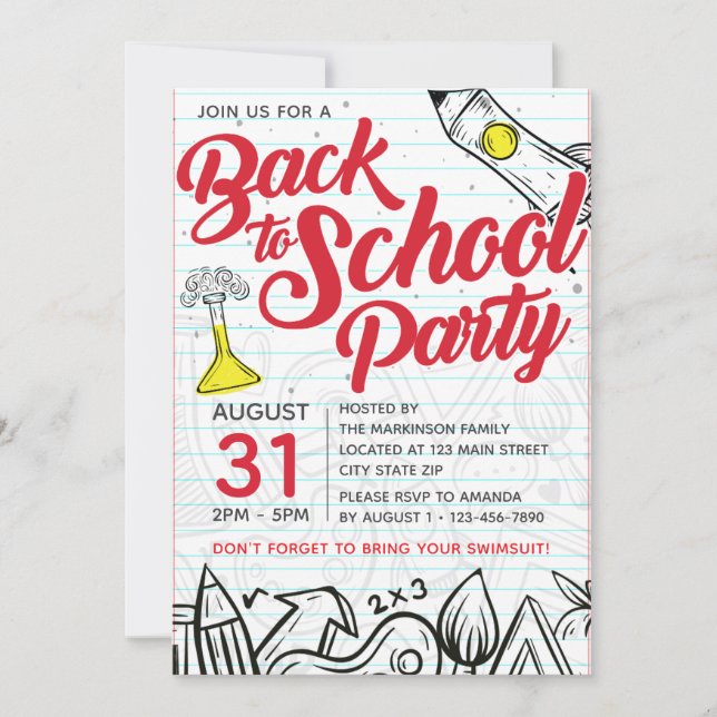 Back to School Pool Party Doodle Print Invitation (Front)