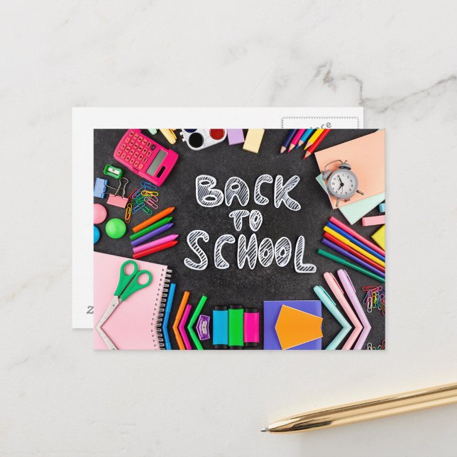 Back To School Postcard (A colorful arrangement of school supplies surrounding a chalkboard background.  
 )