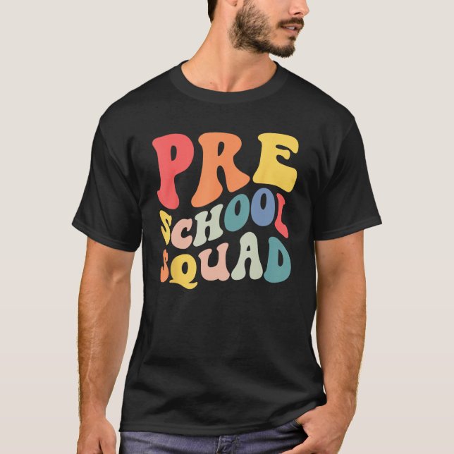 Back to School Preschool Squad Groovy Teacher Kids T-Shirt (Front)