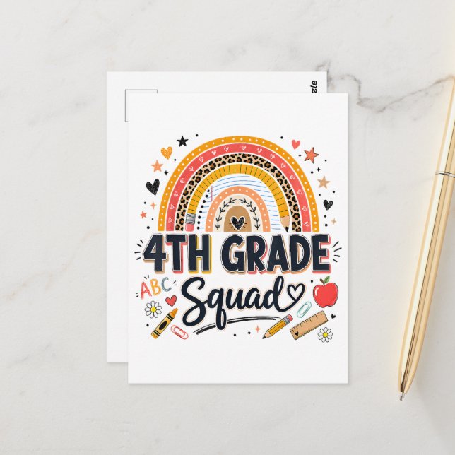 Back to School Rainbow 4th Fourth Grade Squad Postcard (Front/Back In Situ)